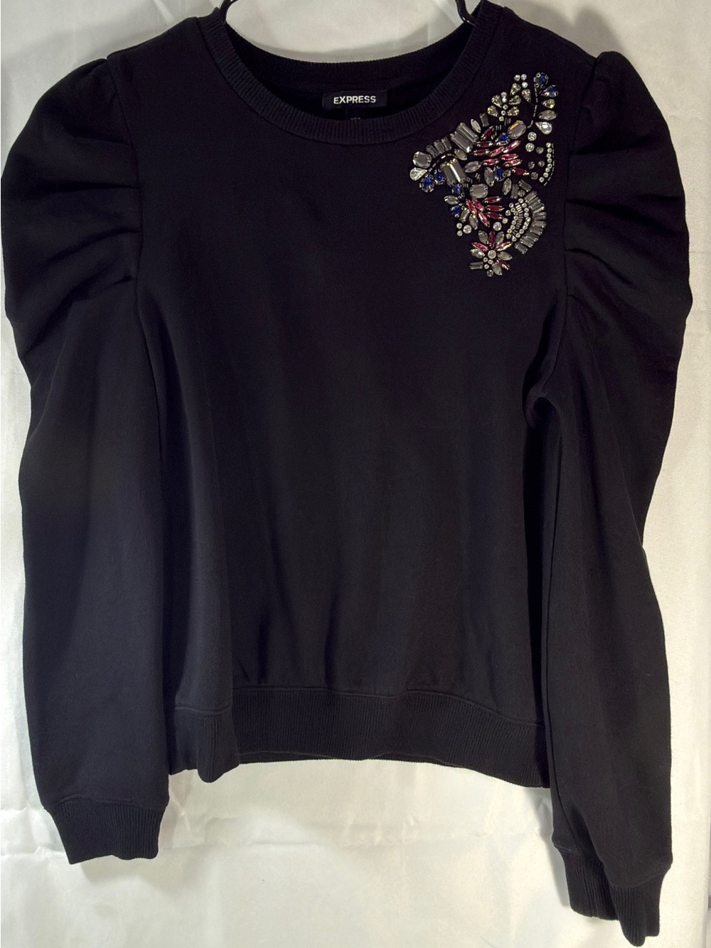 Express Women's Black Embellished Puff-Sleeve Sweater Small